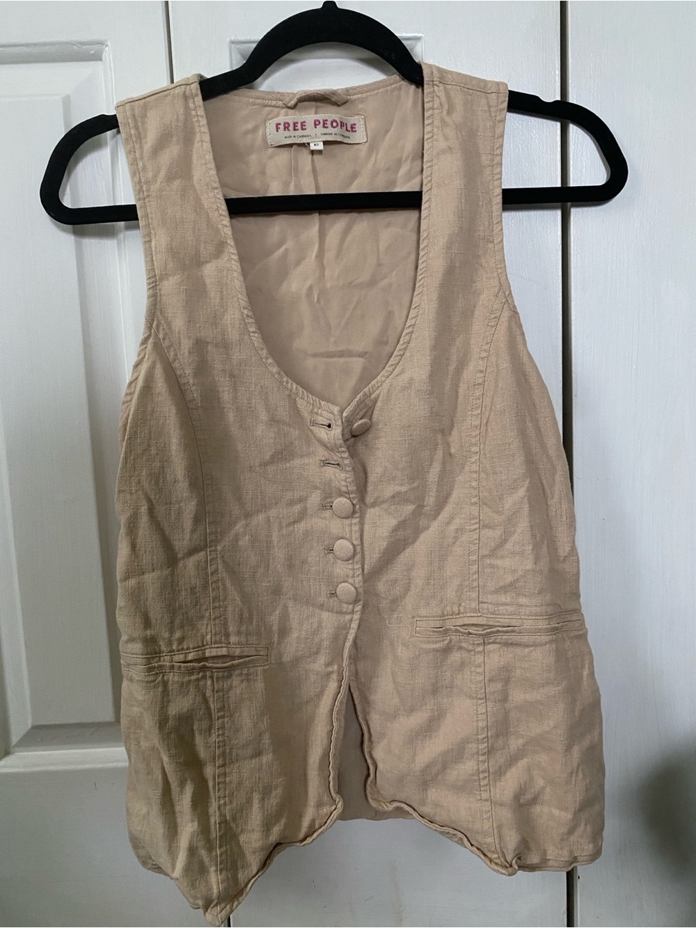 Free People Neutral Beige Linen-like Top with Embroidered Label
